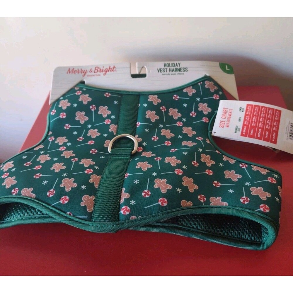 Merry Bright Large Dog Christmas Vest Harness Gingerbread Christmas Candy Green